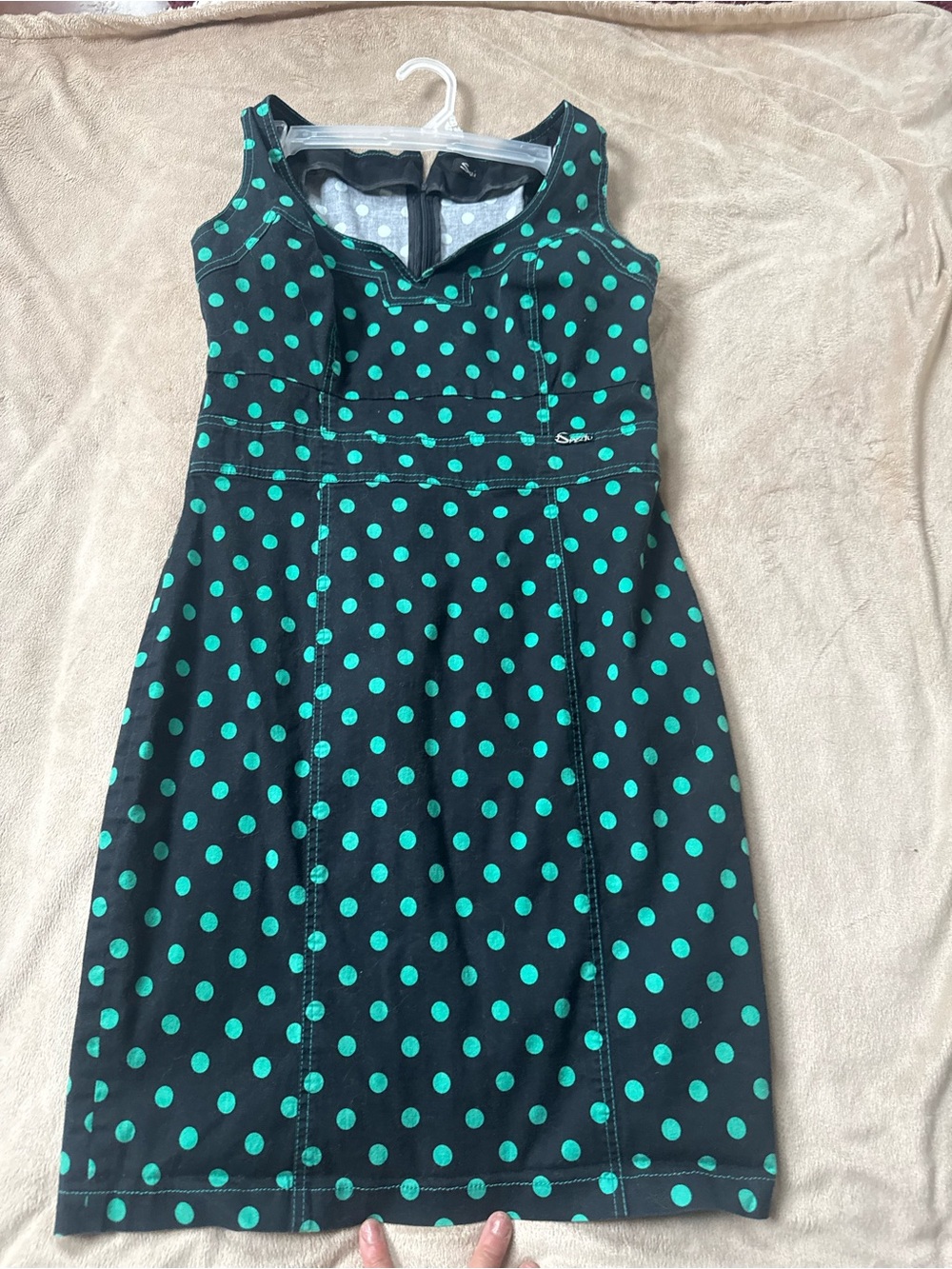 Sleeveless Black Dress with Teal Polka Dots